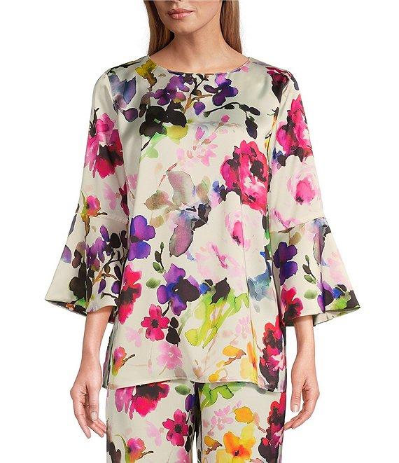 Caroline Rose Bella Floral Satin Scoop Neck 3/4 Soft Bell Sleeve Coordinating A-Line Tunic Product Image