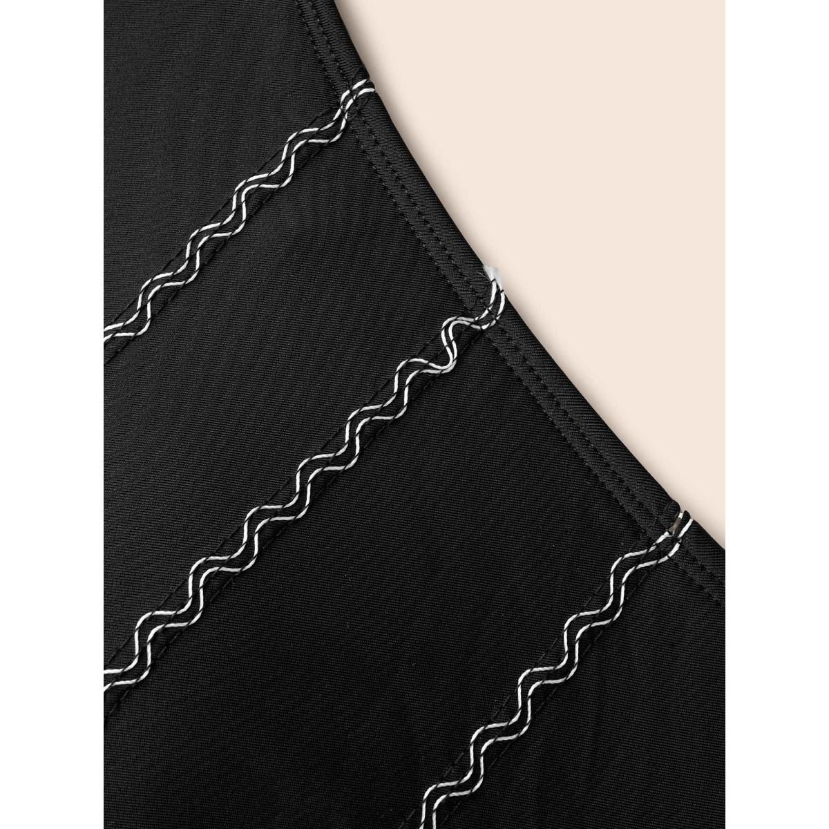 Plus Size Embroidered Surplice Neck Adjustable Swim Top Women's Swimwear Black Resort High stretch Skinny Overlap Collar Curve Swim Tops BloomChic 26/4X Product Image