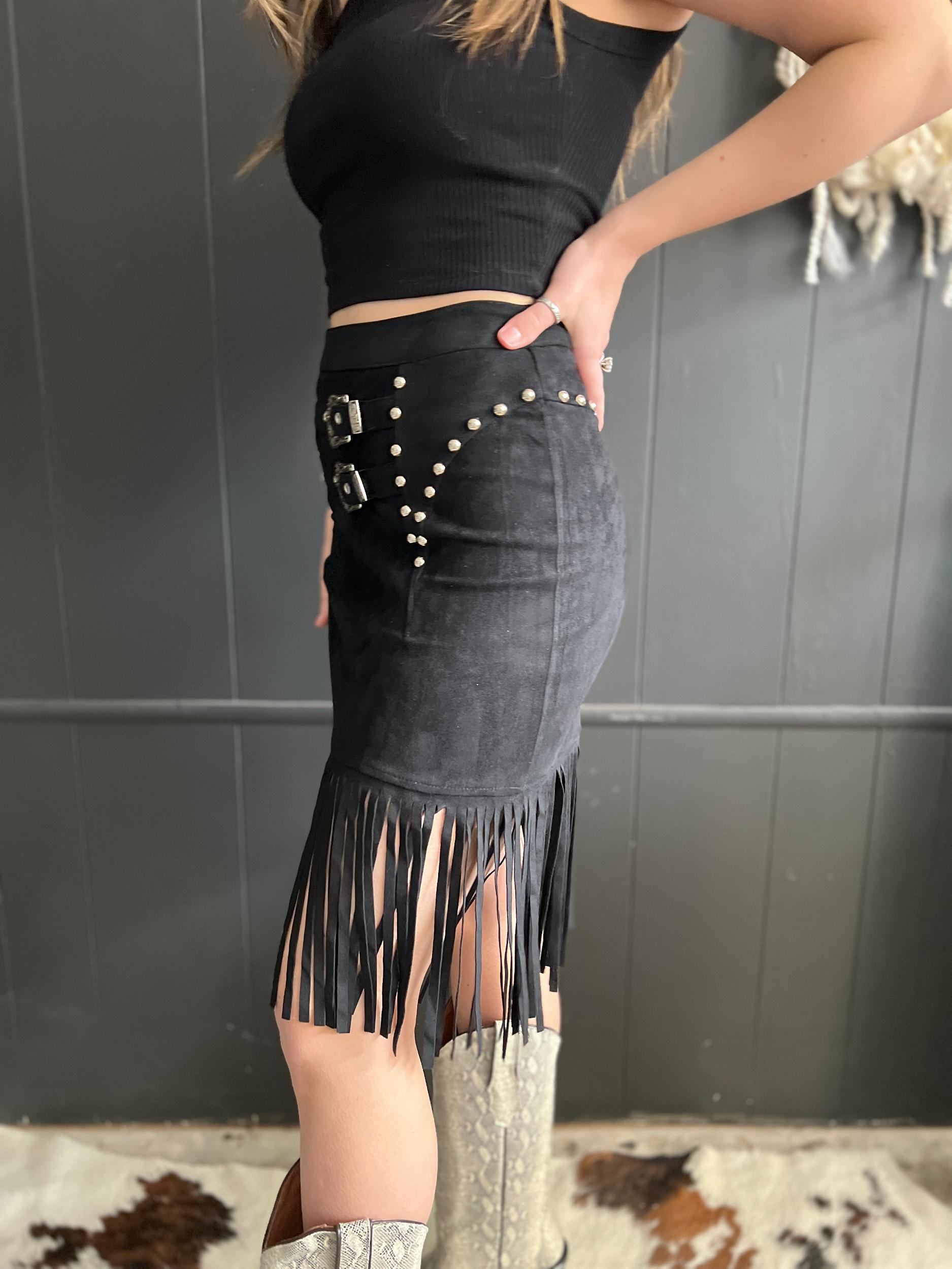 L&B Black Double Buckle Studded Suede Fringe Skirt Product Image