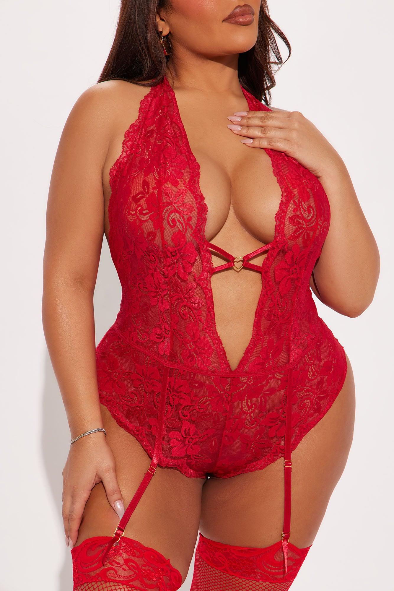 Hearts Tied Lace Garter Teddy - Red Product Image