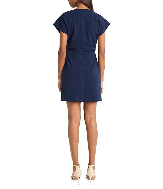Donna Morgan V-Neck Short Sleeves Button Front Detail Scuba Crepe Sheath Dress Product Image