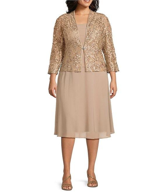 Jessica Howard Plus Size Soutache Chiffon Crew Neck 3/4 Sleeve Embellished Fit & Flare 2-Piece Jacket Dress Product Image