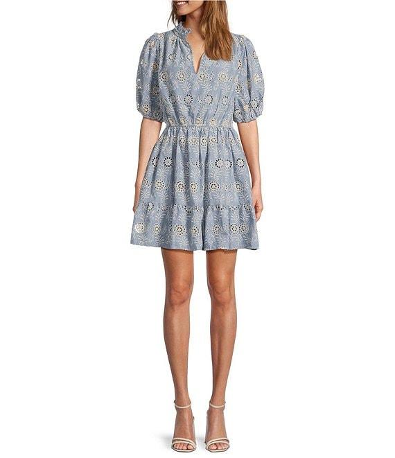 Sugarlips Blue Rosie V-Neck Short Puff Sleeve Eyelet Mini Dress Product Image
