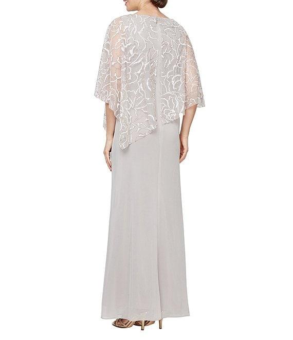Ignite Evenings Petite Size 3/4 Sleeve Asymmetrical Glitter Mesh Capelet V-Neck Jersey Gown Product Image