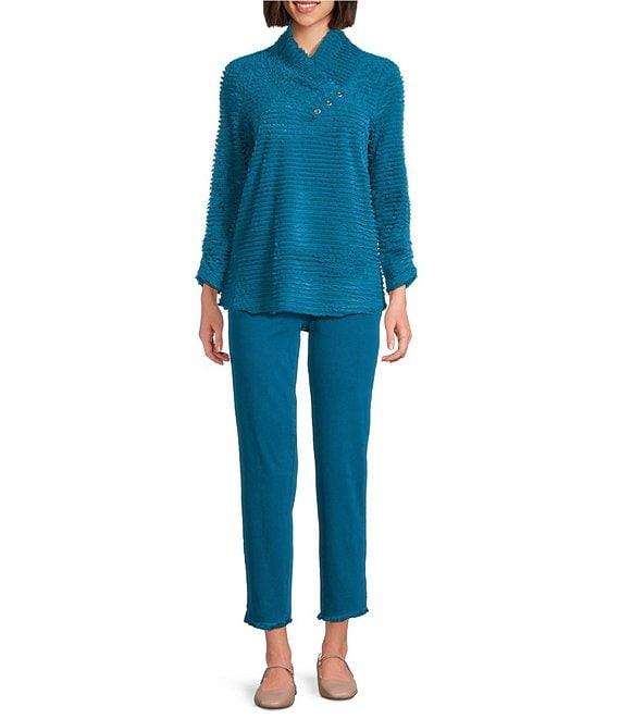 Multiples Solid Garment Dyed Straight Leg Fringe Hem Pull-On Ankle Pants Product Image