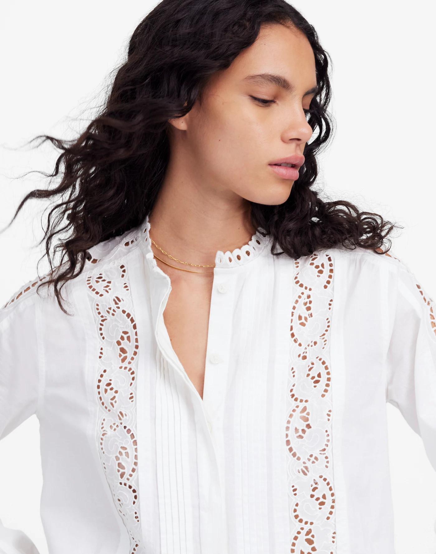 Lace-Inset Pintucked Button-Up Top Product Image