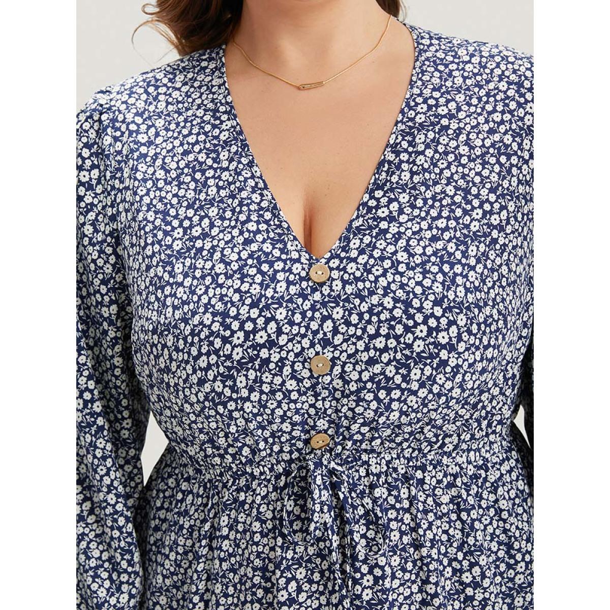 Plus Size Ditsy Floral Pocket Button Detail Split Hem Dress Indigo Women Elegant Elastic cuffs V-neck Long Sleeve Curvy Midi Dress BloomChic 18-20/2X Product Image