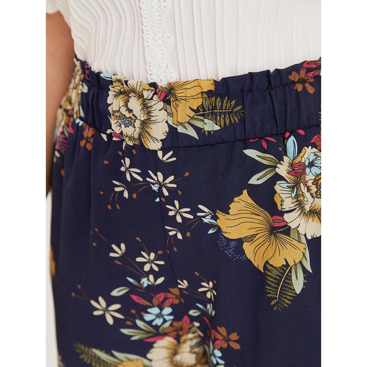 Plus Size Floral Print Pocket Elastic Waist Wide High Rise Pants Women Indigo Elegant Straight Leg High Rise Dailywear Pants BloomChic 22-24/3X Product Image