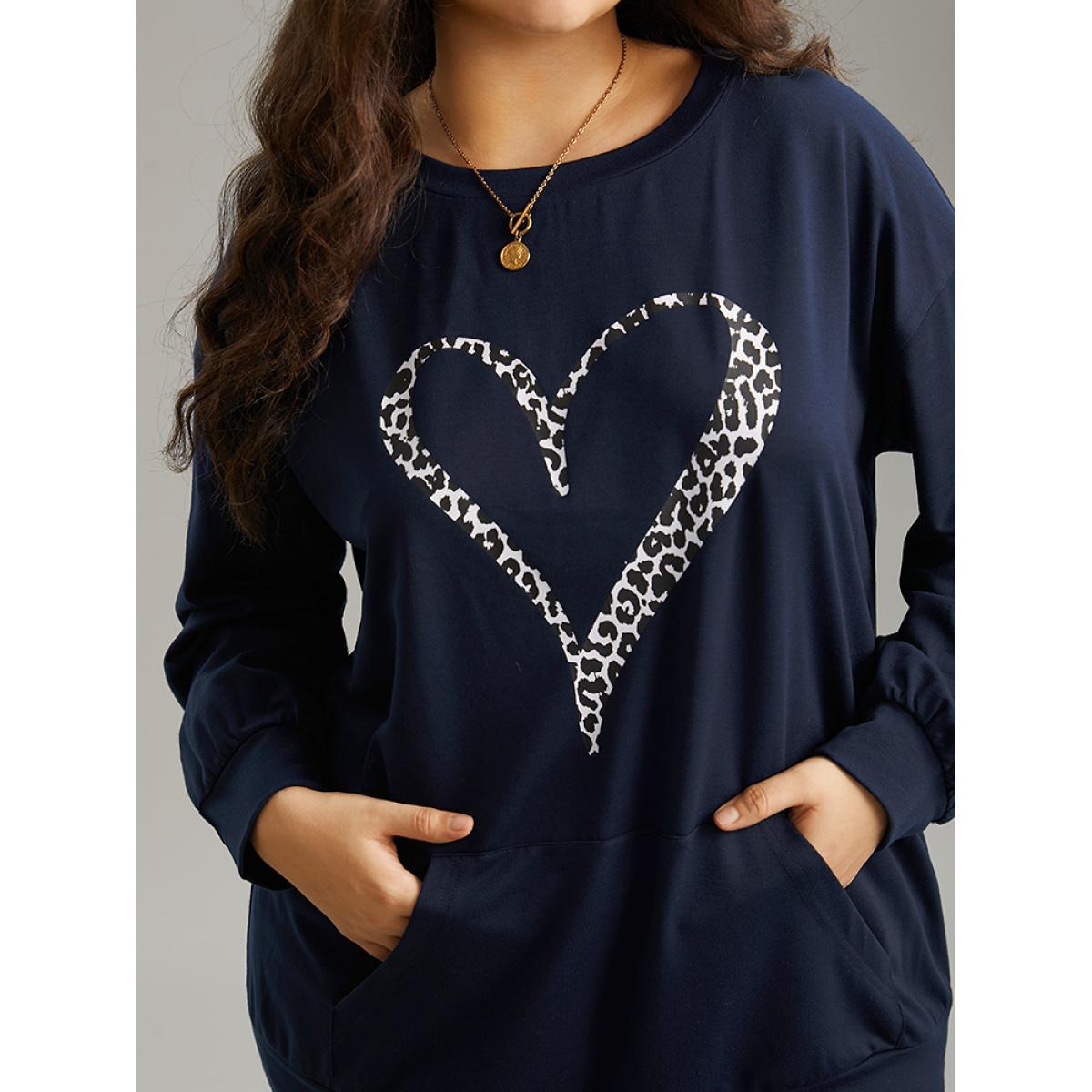 Plus Size Leopard & Heart Print Crew Neck Sweatshirt Women Indigo Elegant Printed Dailywear Sweatshirts BloomChic 18-20/2X Product Image