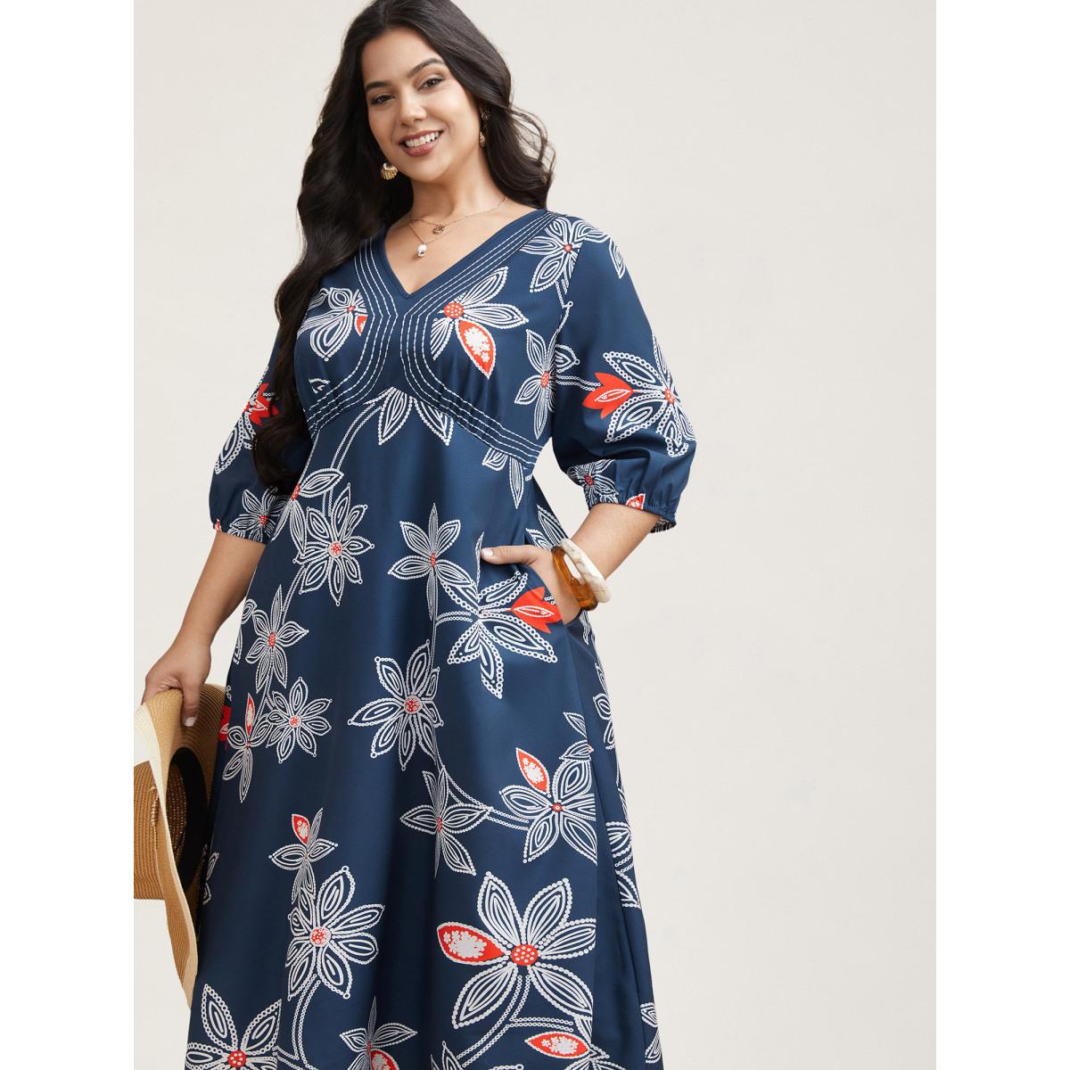 Plus Size Boho Floral Arc Neck Waist-Cinched Dress DarkBlue Women Resort Gathered V-neck Elbow-length sleeve Curvy BloomChic 30/6X Product Image