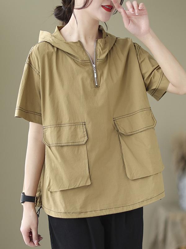 Loose Short Sleeves Zipper Hooded T-Shirts Tops Product Image