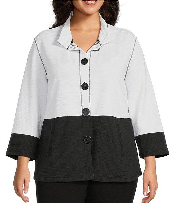 Multiples Plus Size Solid Stripe Jacquard Stand Collar 3/4 Sleeve Fitted Button Front Jacket Product Image