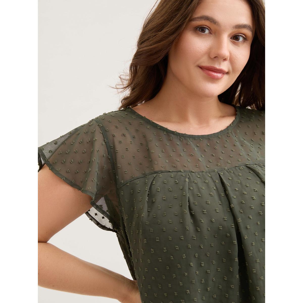 Plus Size ArmyGreen Textured Bust-Ease Ruffled Sleeve Blouse Women Leisure Short sleeve Round Neck Casual Blouses BloomChic 28/5X Product Image