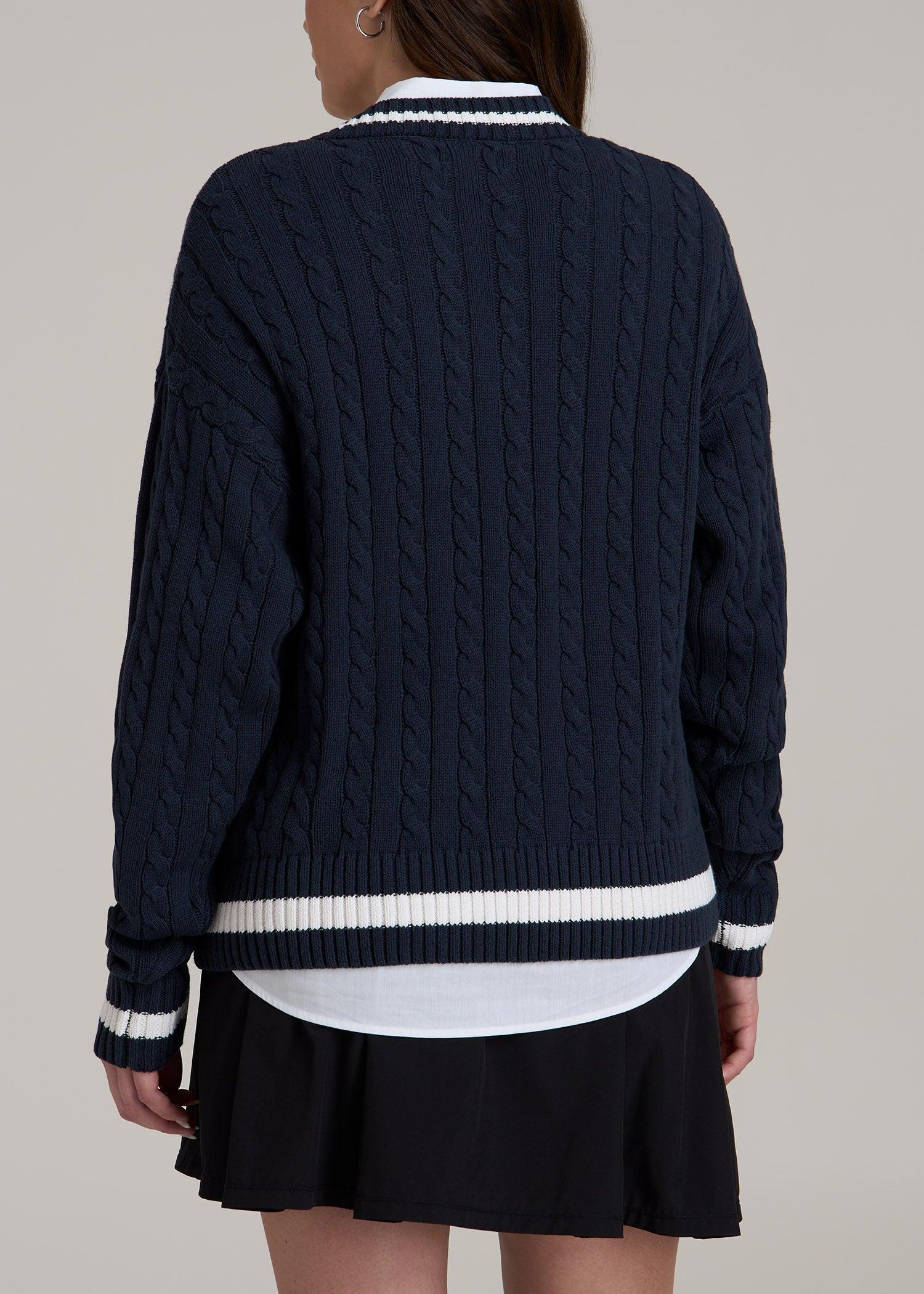 V-Neck Collegiate Sweater for Tall Women in Navy and Bright White Product Image