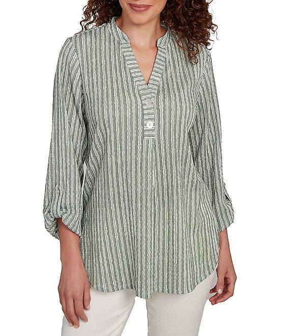 Ruby Rd. Crinkle Knit Stripe V-Neck Long Roll-Tab Sleeve Henley Top Product Image