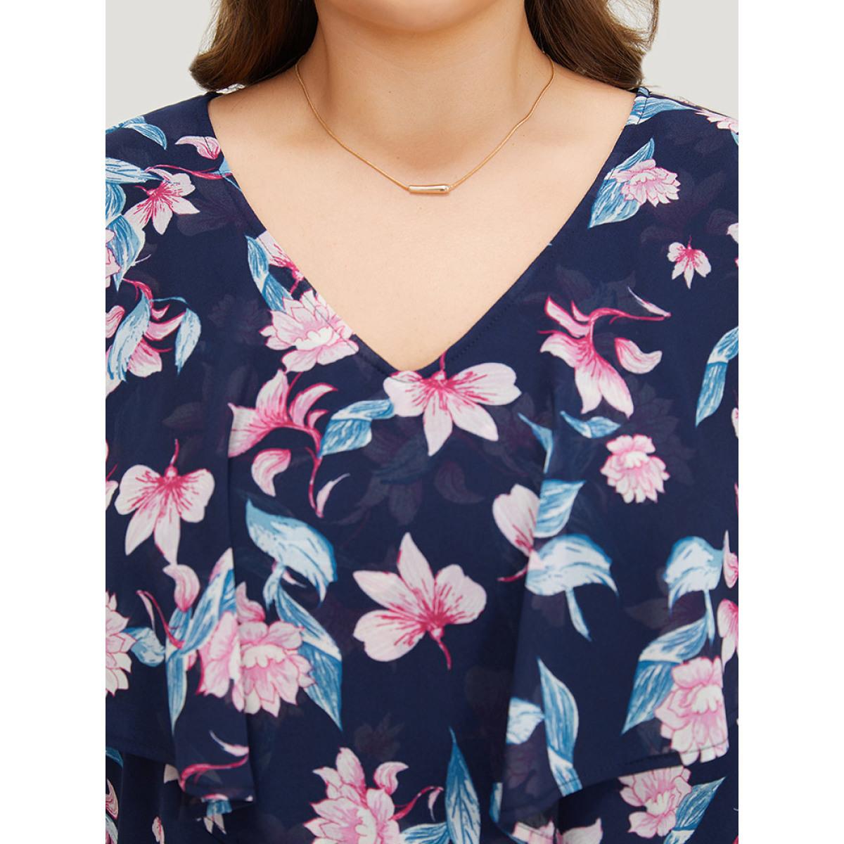 Plus Size Indigo Floral Print Ruffle Trim Asymmetrical Hem Blouse Women Elegant Short sleeve Round Neck Dailywear Blouses BloomChic 10/M Product Image