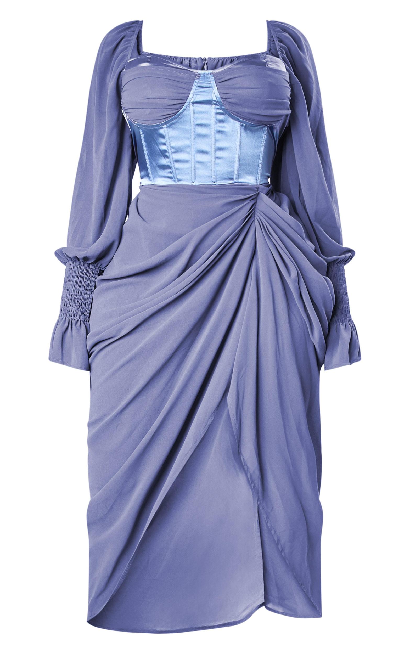 Plus Mineral Blue Satin Insert Draped Chiffon Midi Dress Product Image