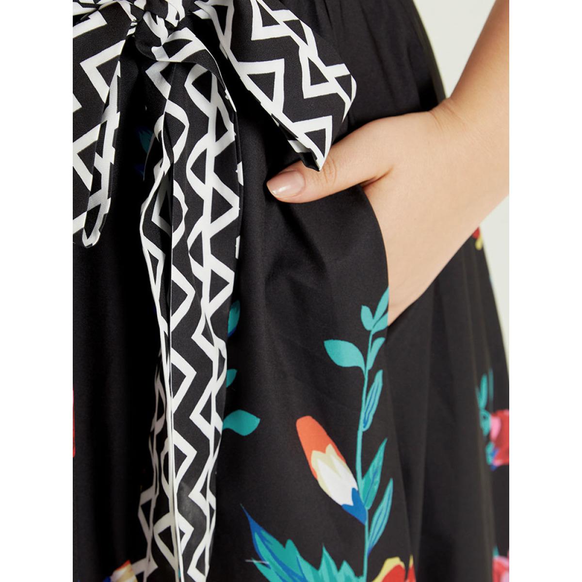 Plus Size Floral Print Surplice Neck Belted Tank Dress Black Women Vacation Belted V-neck Sleeveless Curvy Midi Dress BloomChic 30/6X Product Image