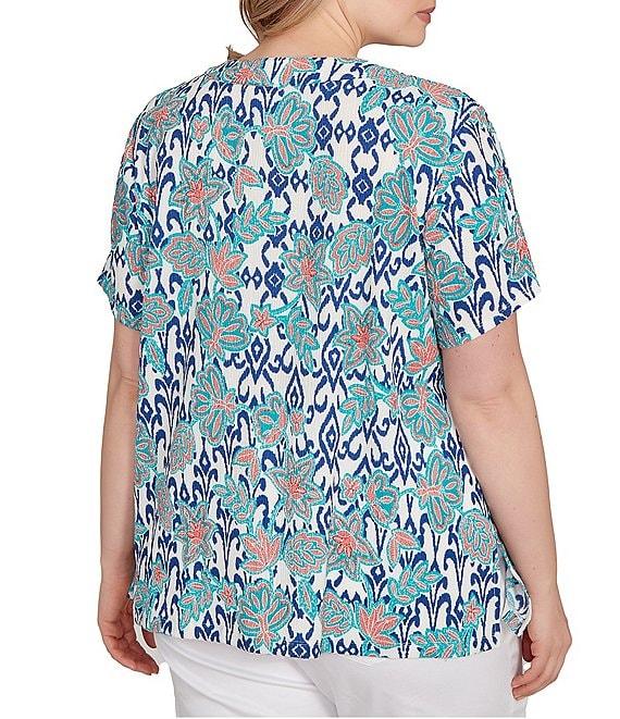Ruby Rd. Plus Size Embroidered Knit Printed Split V-Neck Short Sleeve Top Product Image
