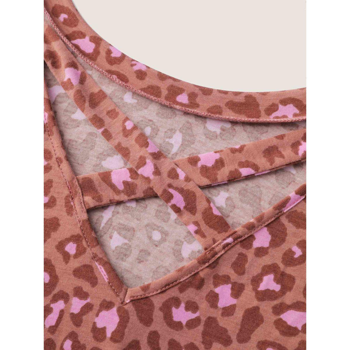 Plus Size Blushing Leopard Print Cross-Strap Back T-Shirt Salmon Women Playful Round Neck Casual T-shirts BloomChic 22-24/3X Product Image