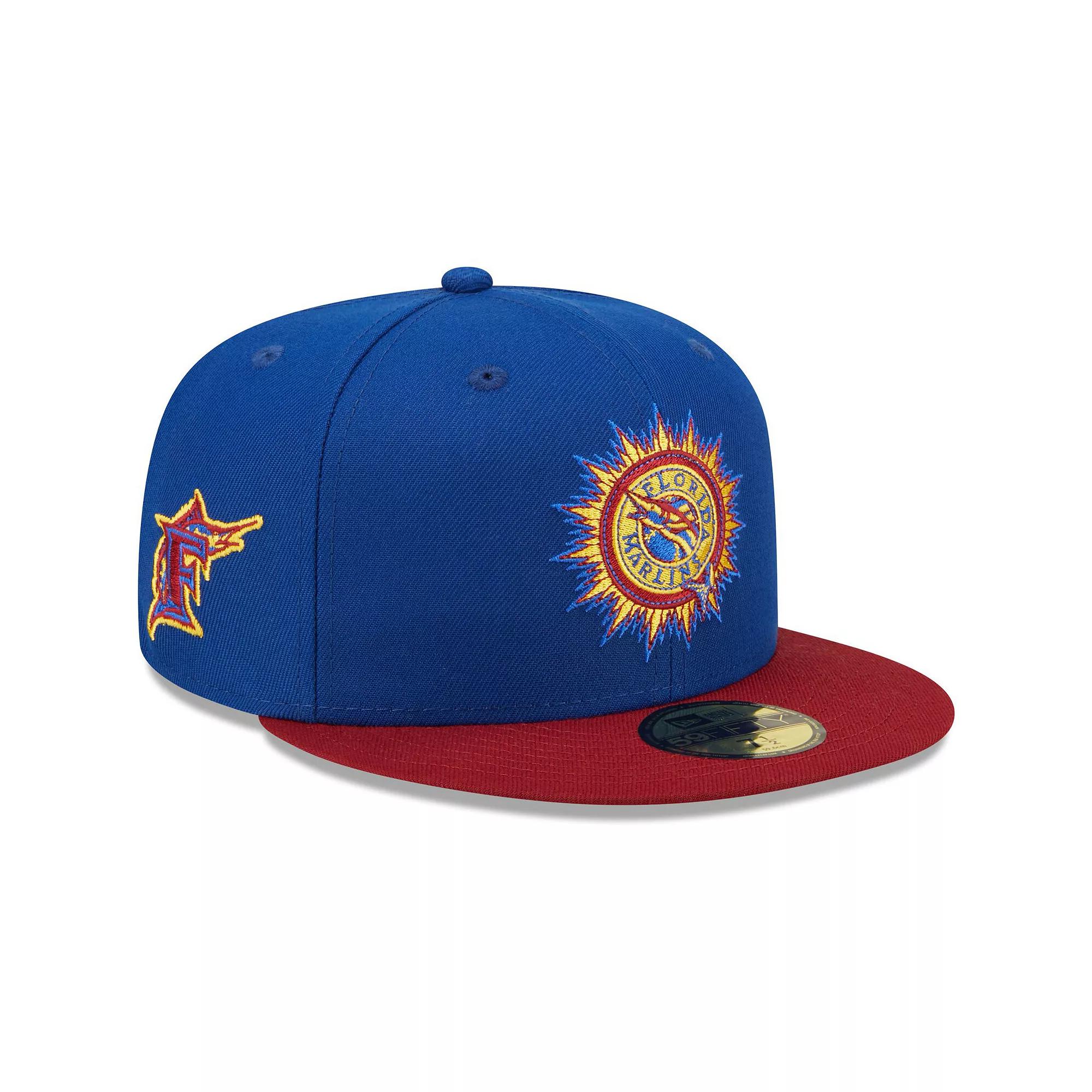 Men's New Era Royal/Red Florida Marlins Alternate Throwback Logo Primary Jewel Gold Undervisor 59FIFTY Fitted Hat,  Product Image
