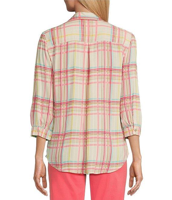 Allison Daley Coral Plaid Print 3/4 Sleeve Point Collar Button Front Shirt Product Image