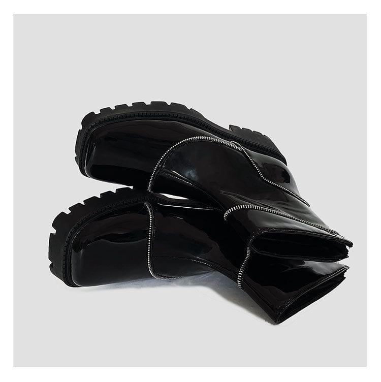 Platform Square Toe Plain Zipped Genuine Leather Short Boots Product Image