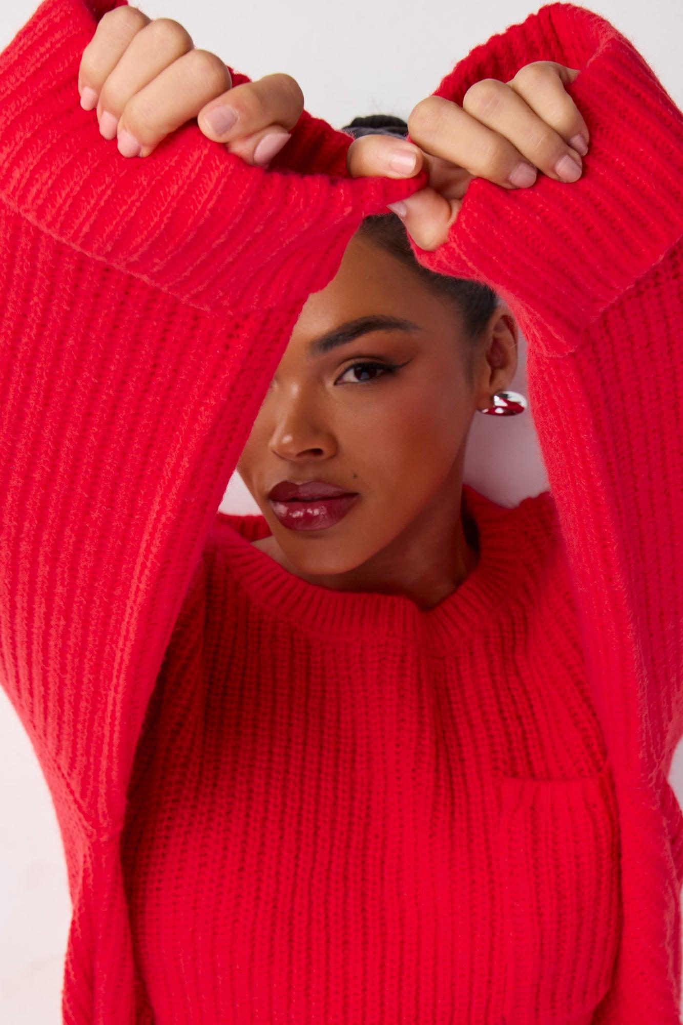 All Wrapped Up Chunky Knit Pullover Sweater - Red Female Product Image