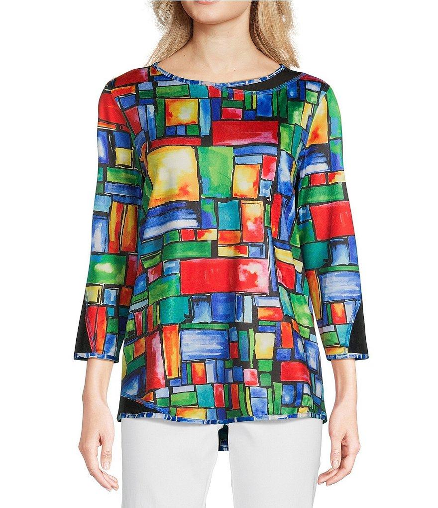 Ali Miles Petite Size Reversible Mesh Knit Round Neck 3/4 Sleeve Hi-Low Hem Tunic Product Image