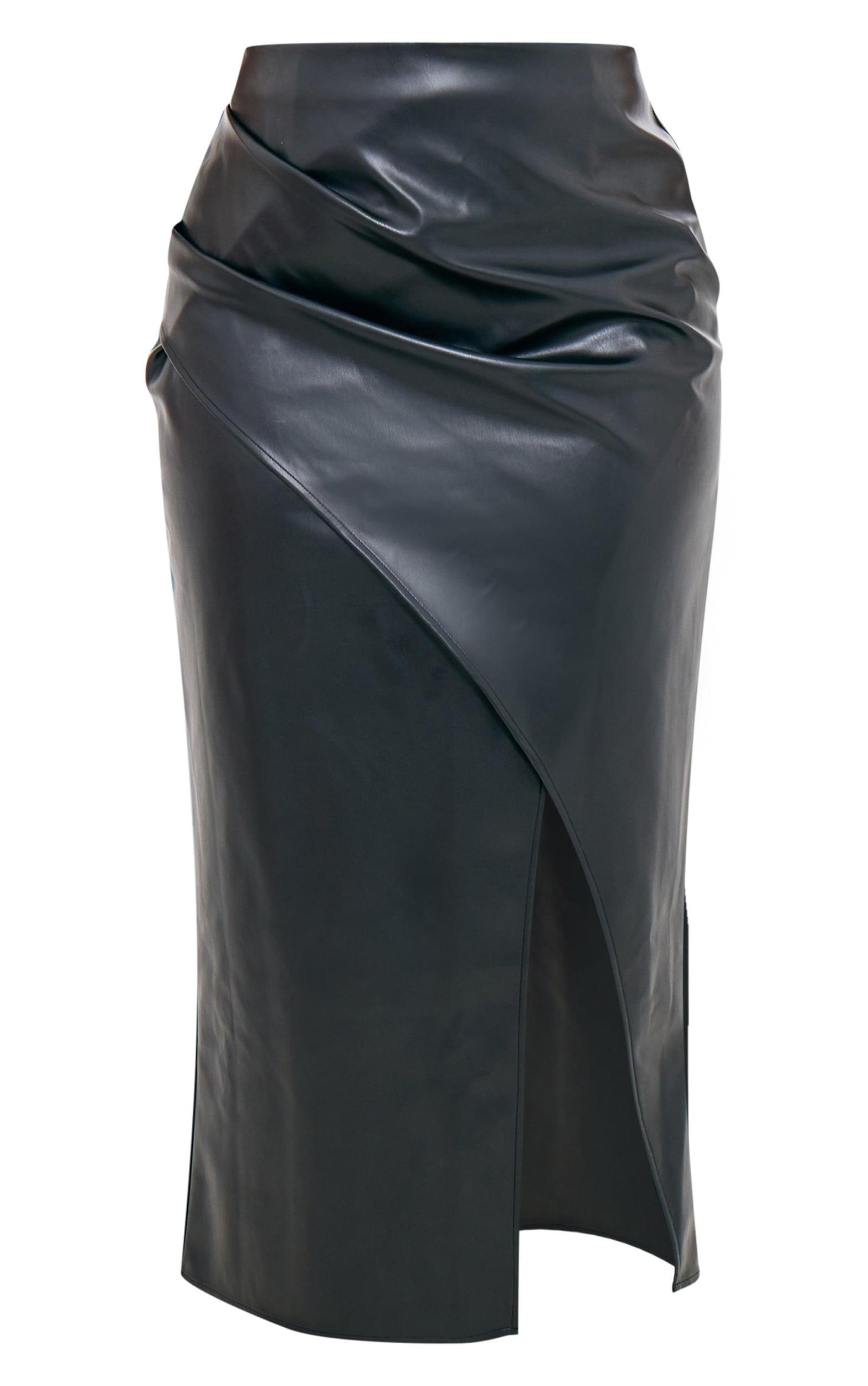 Plus Black Faux Leather Asymmetric Midi Skirt Product Image