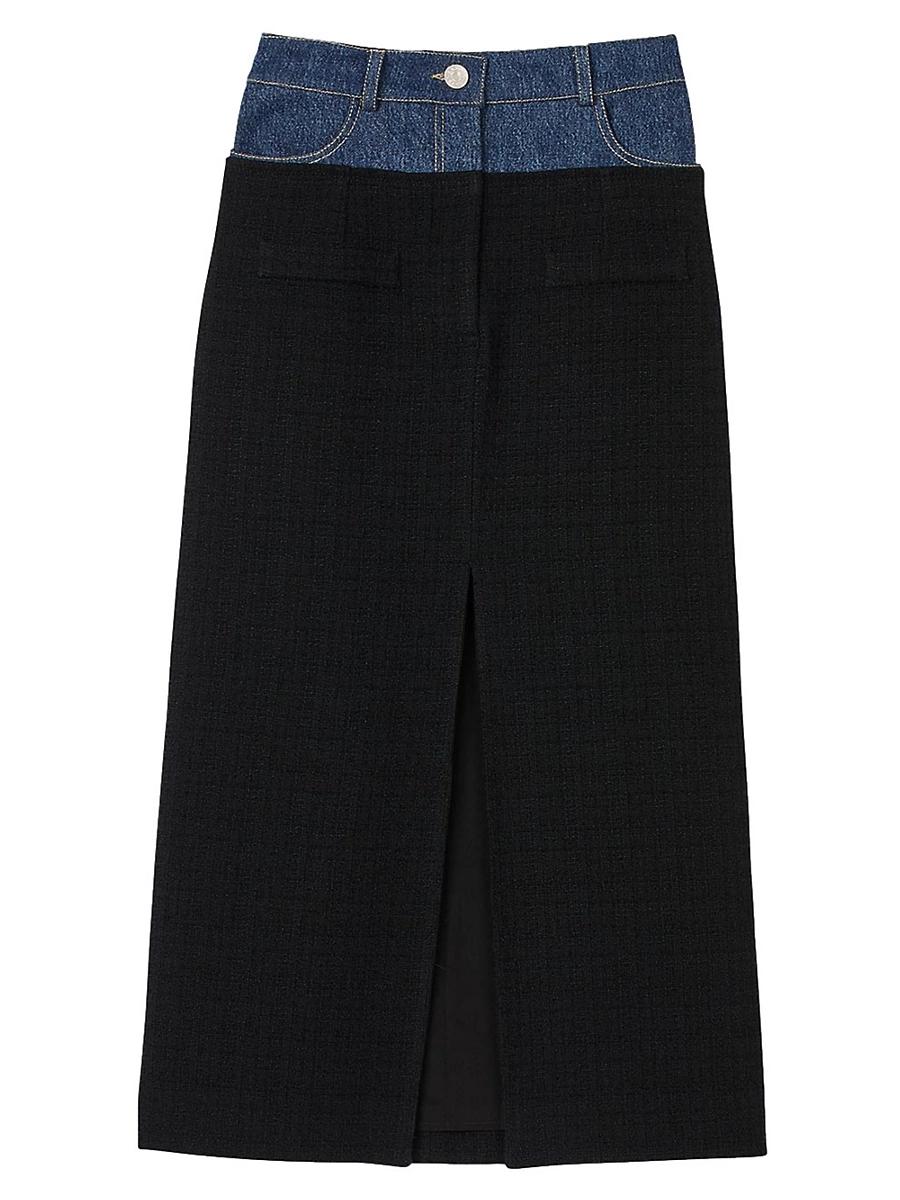 Womens Dual-Material Denim and Tweed Skirt Product Image