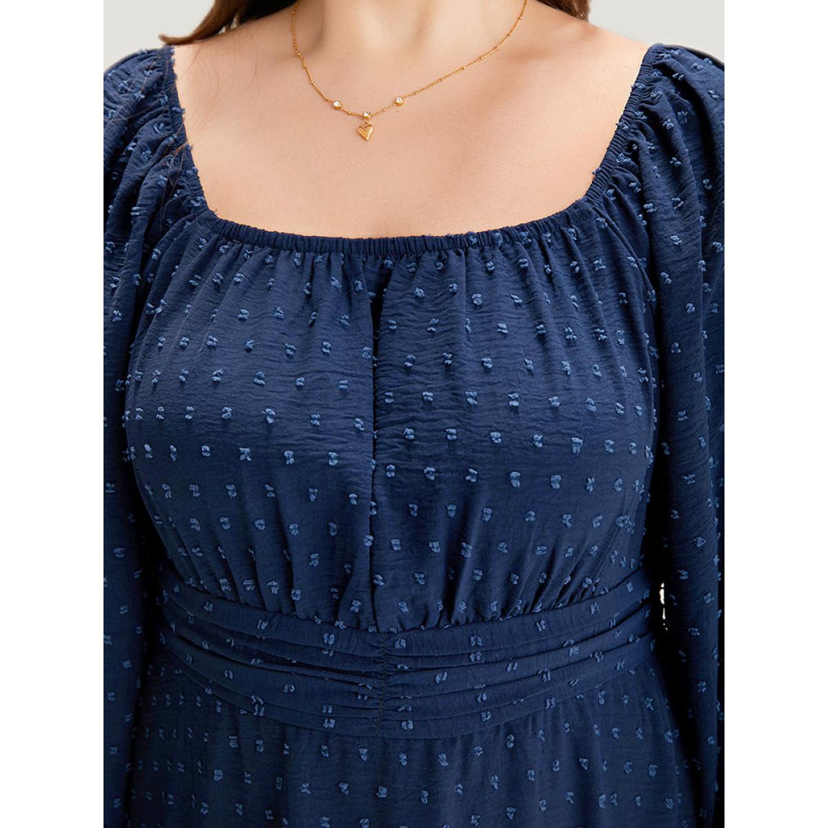 Plus Size Polka Dot Square Neck Lantern Sleeve Shirred Dress Navy Women Elegant Elastic cuffs Square Neck Long Sleeve Curvy Midi Dress BloomChic 22-24/3X Product Image