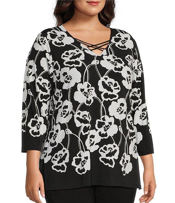 Allison Daley Plus Size Floral Print 3/4 Sleeve Criss Cross V-Neck Knit Top Product Image