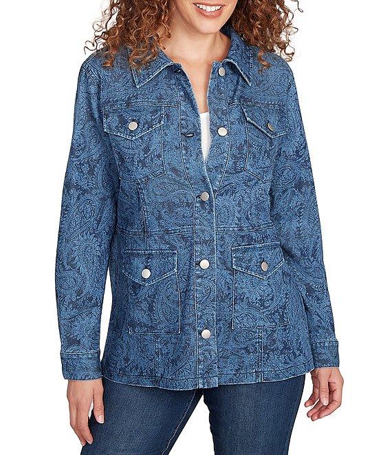 Ruby Rd. Paisley Point Collar Long Sleeve Button Front Denim Jacket Product Image