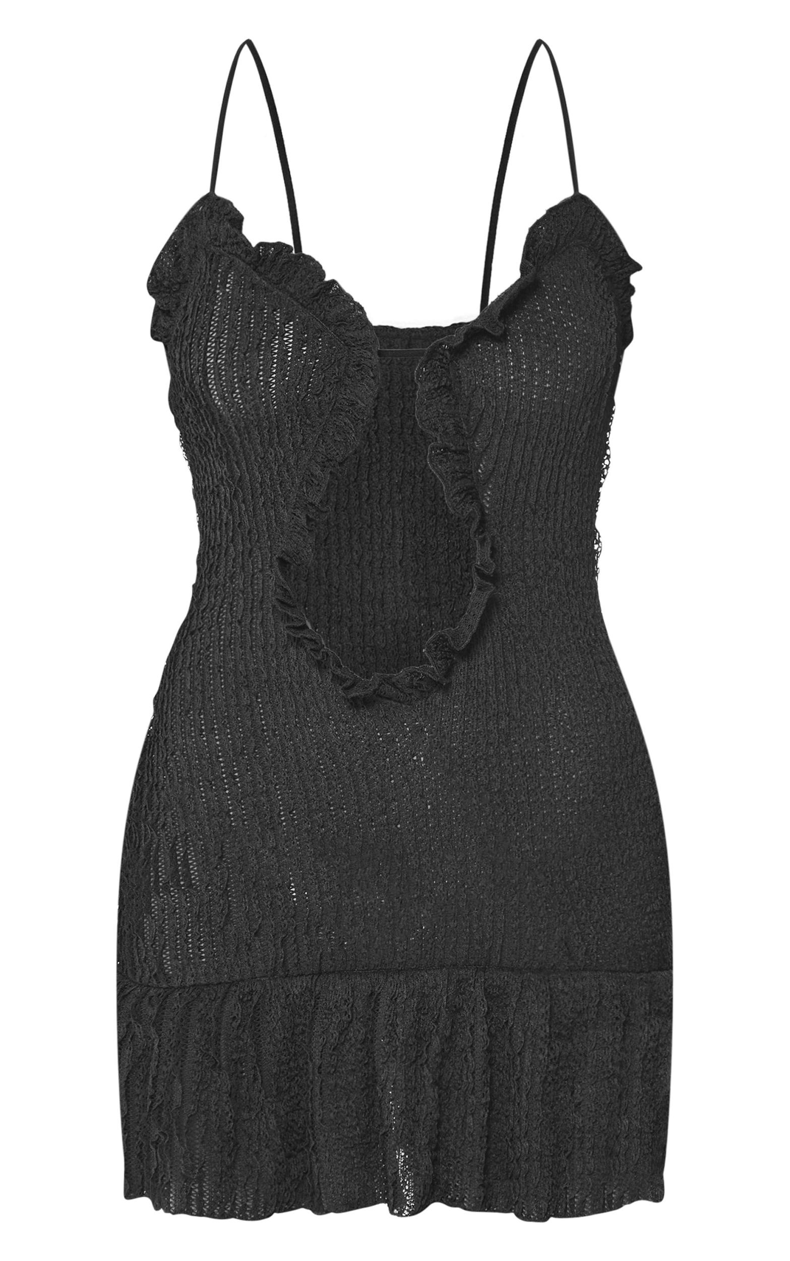 Black Textured Frill Hem Cut Out Mini Dress Product Image