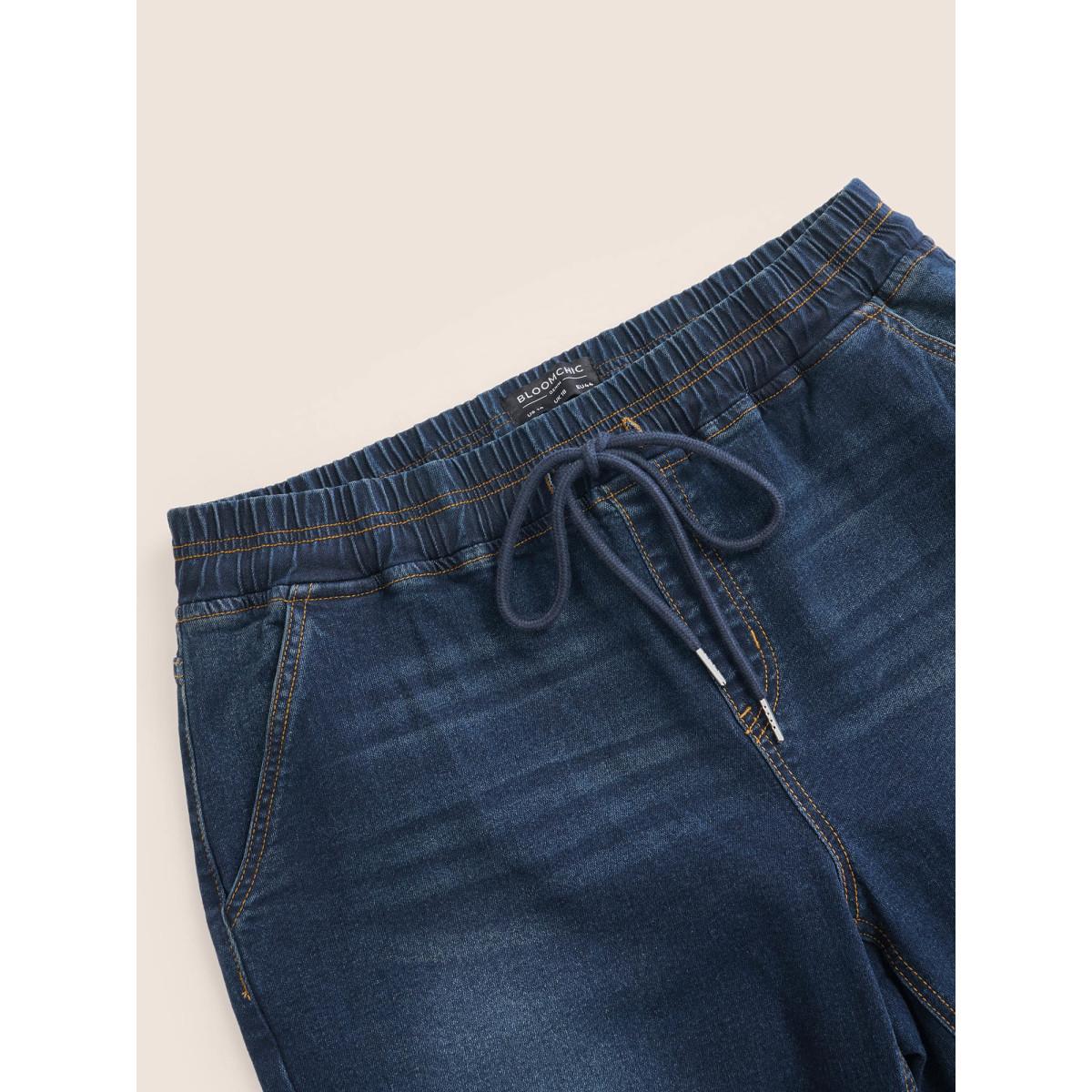 Plus Size Dark Wash Drawstring Elastic Waist Jogger Jeans Women DarkBlue Casual Plain Non High stretch Slanted pocket Jeans BloomChic 30/6X Product Image