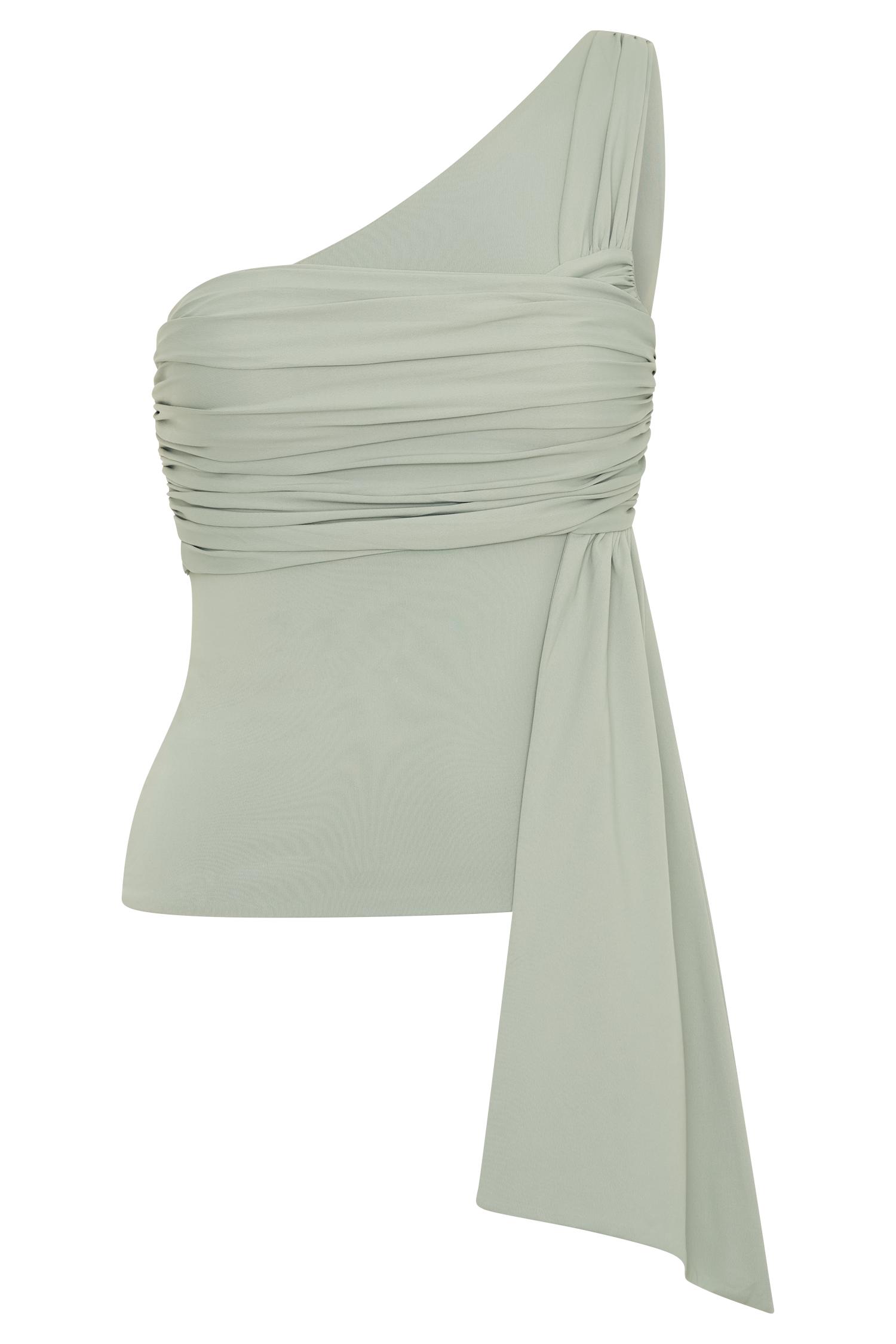 Sera One Shoulder Recycled Nylon Top With Drape - Basil Product Image