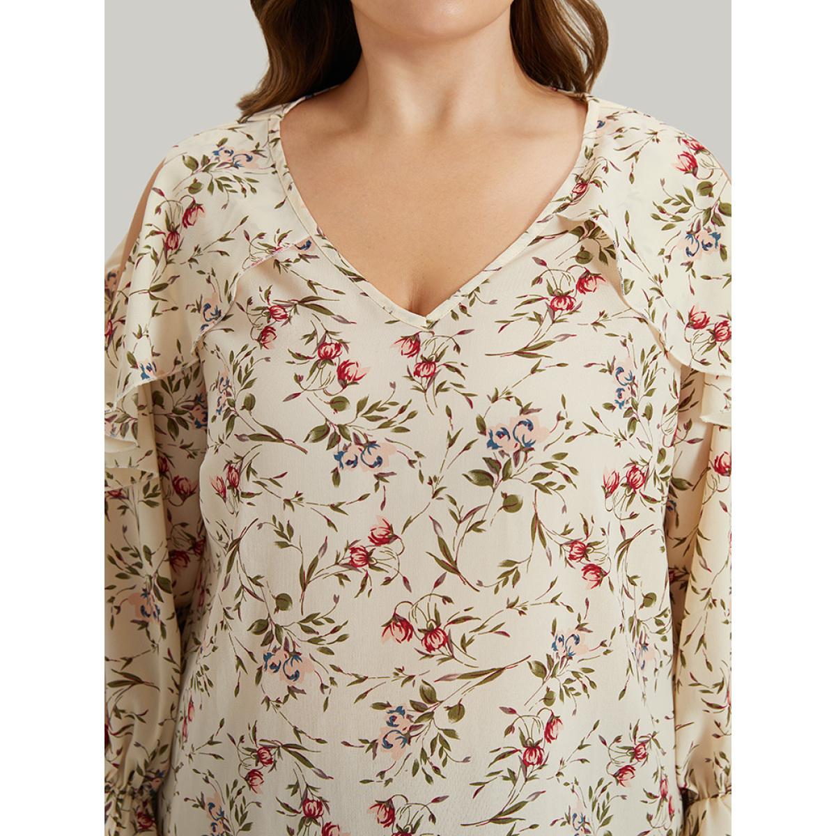 Plus Size Ivory Ditsy Floral Cold Shoulder Ties Ruffle Trim Blouse Women Elegant Long Sleeve V-neck Dailywear Blouses BloomChic 26/4X Product Image