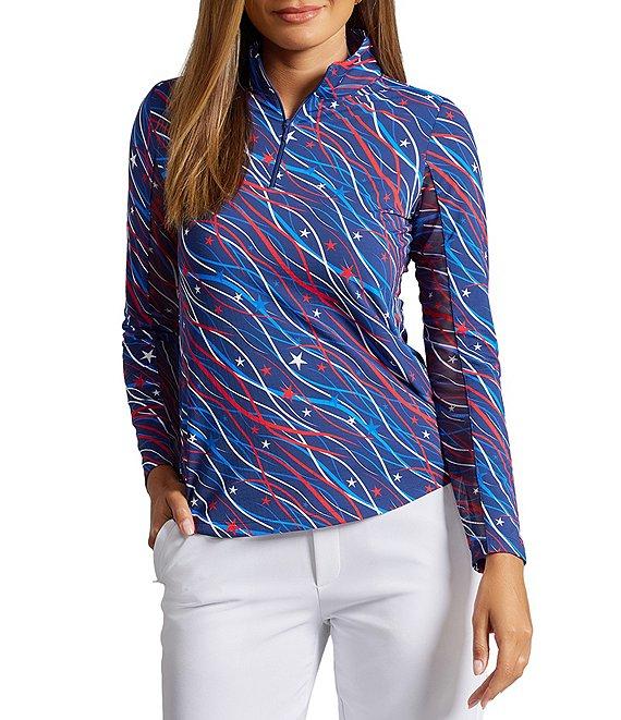 IBKUL Patriotic Confetti Print Zip Mock Neck Long Sleeve Pullover Product Image