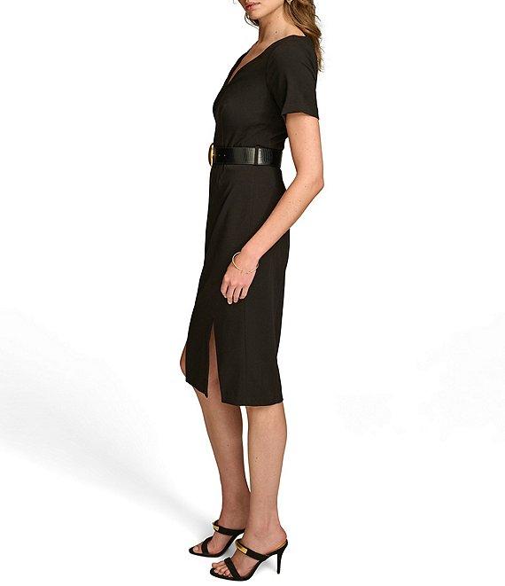 Donna Karan Solid Cady Crepe V-Neck Short Sleeves Belted Sheath Dress Product Image