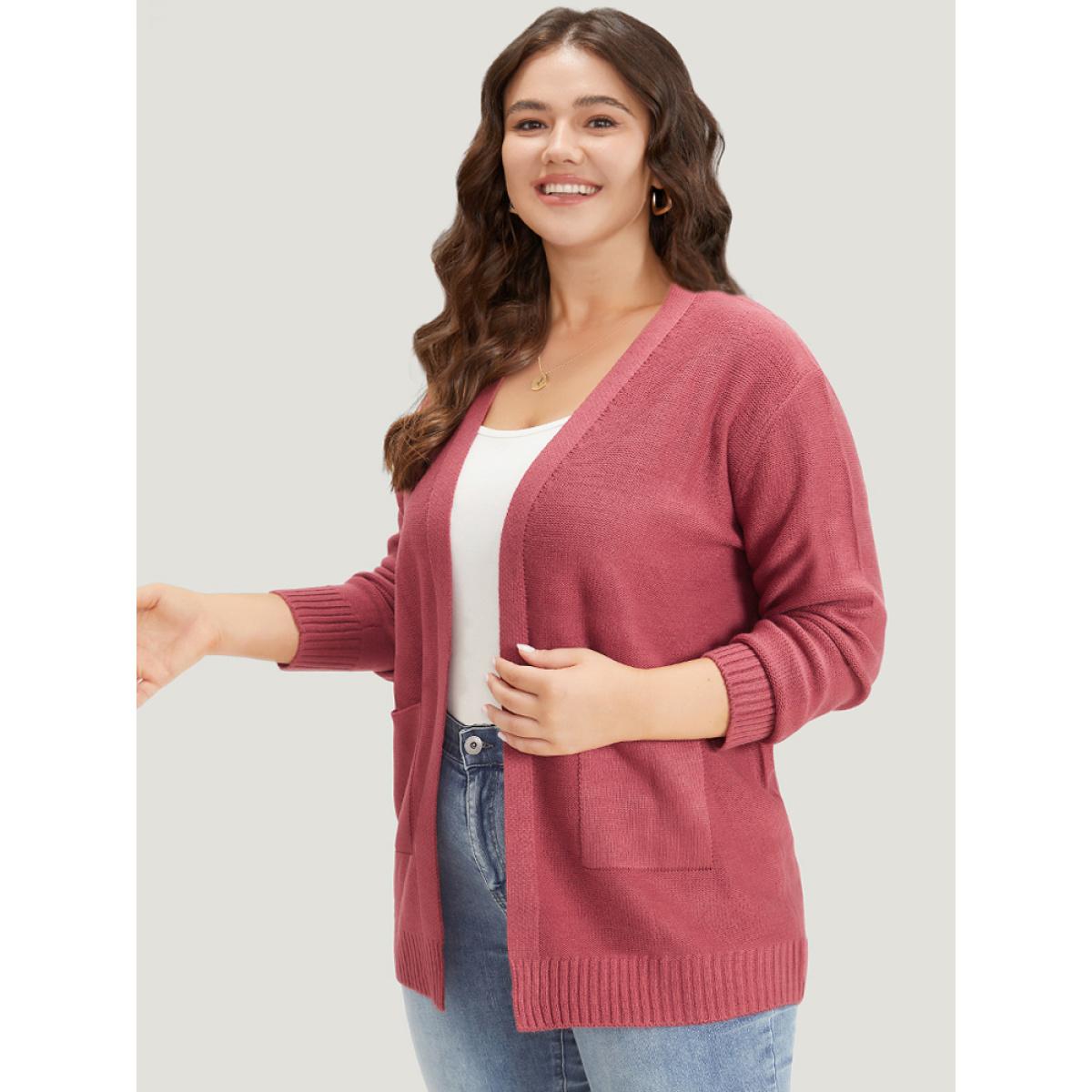 Plus Size Solid Patched Pocket Open Front Long Sleeve Cardigan Russet Women Casual Loose Long Sleeve Everyday Cardigans BloomChic 22-24/3X Product Image