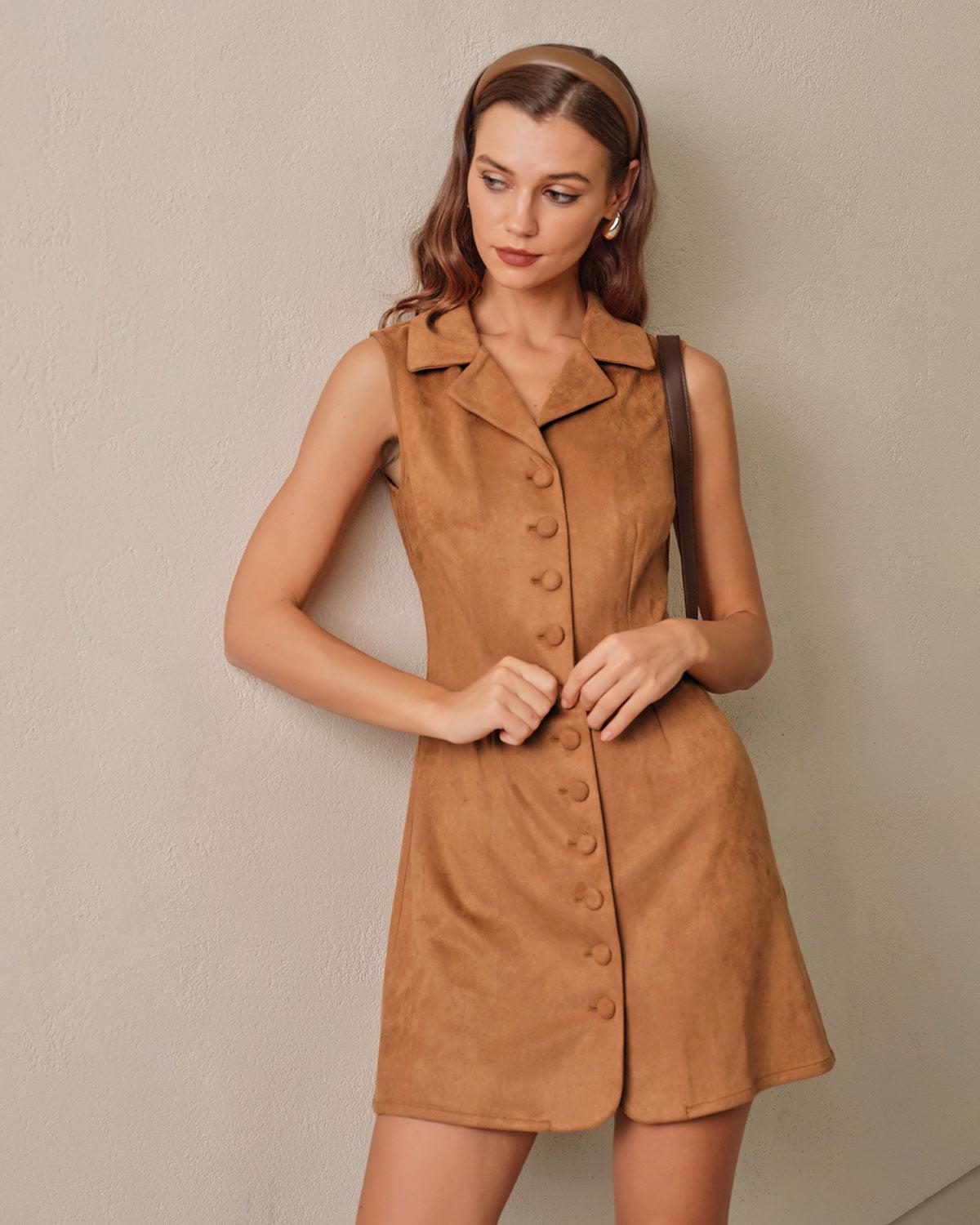 Caramel Suede A-Line Sleeveless Mini Dress Product Image