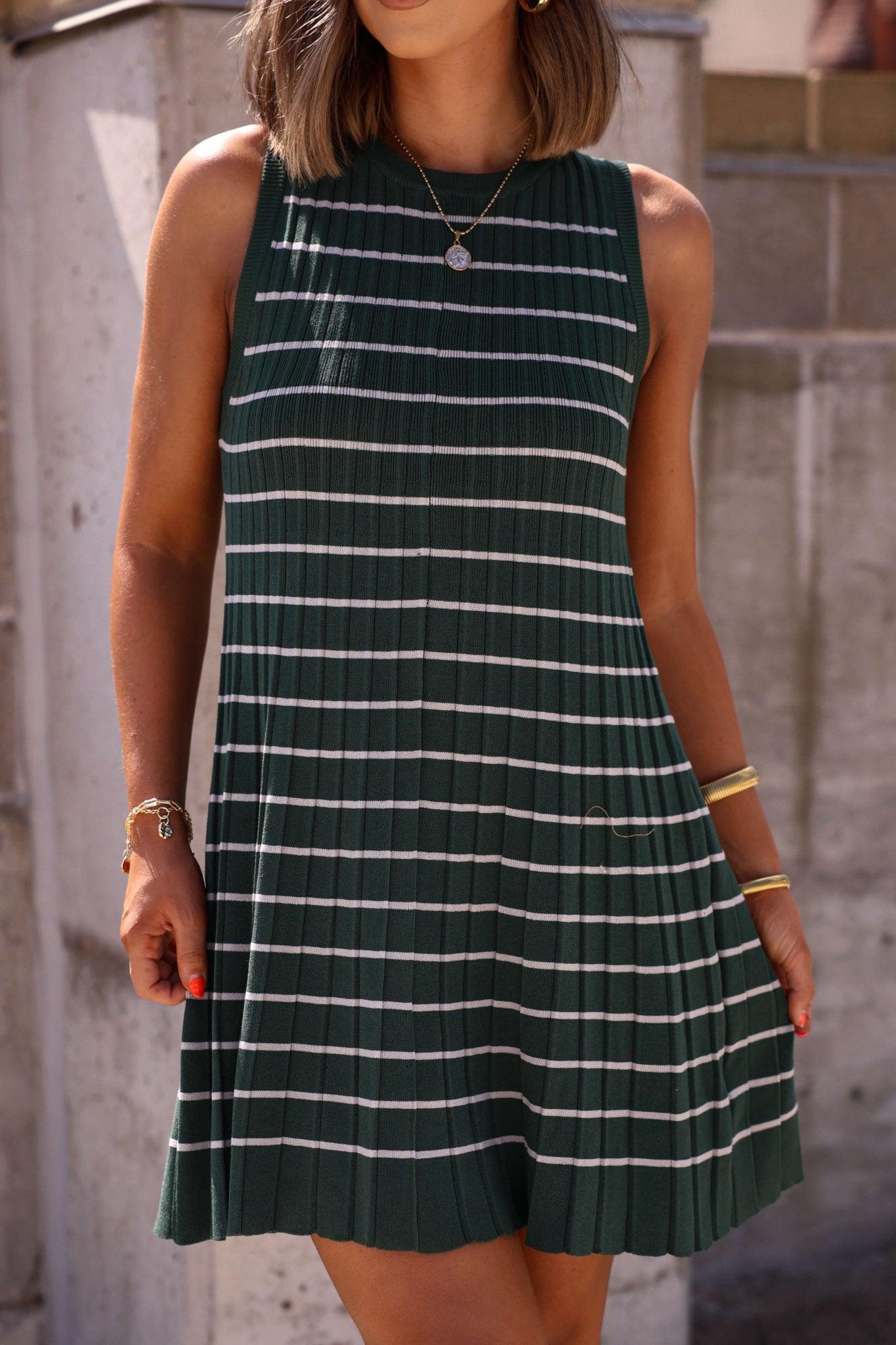 Green Stripe Pleated Mini Dress - DOORBUSTER Product Image