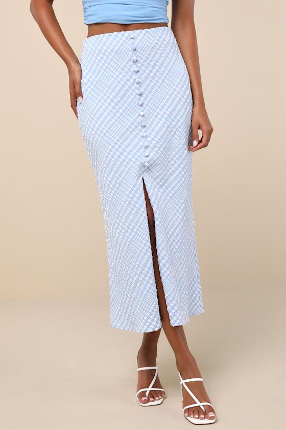 Incredibly Cute Blue Gingham Textured Button-Front Midi Skirt Product Image
