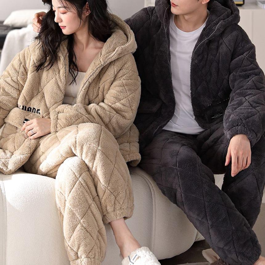 Couple Matching Loungewear Set : Coral Fleece Hooded Jacket & Pants Product Image