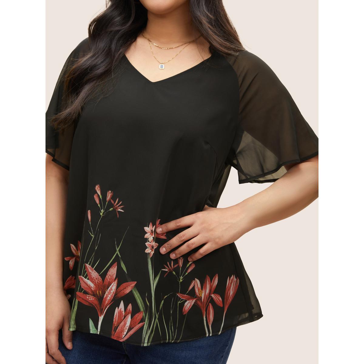Plus Size Black Boho Print Mesh Patchwork Frill Trim Blouse Women Elegant Short sleeve V-neck Everyday Blouses BloomChic 12/L Product Image