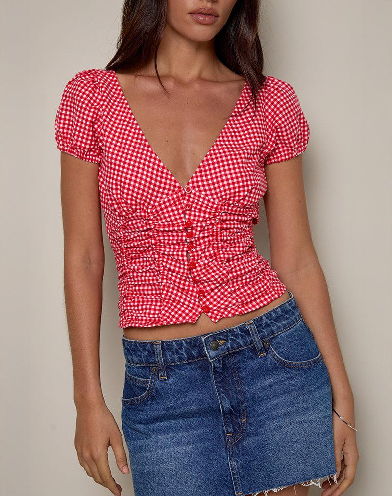Ilase Ruched Blouse in Red Gingham Female Product Image