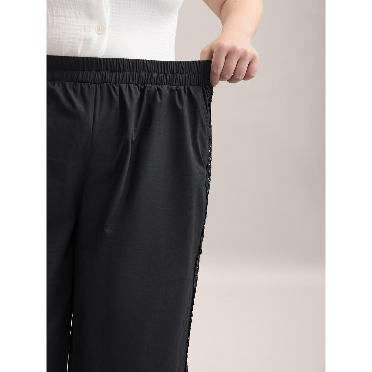 Plus Size Cotton Side Lace Wide-Leg Pants Women Black Resort Wide Leg Mid Rise Vacation Pants BloomChic 14-16/1X Product Image