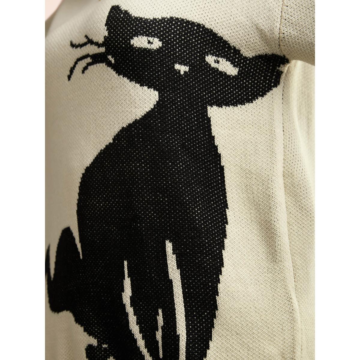 Plus Size Mystic Cat Knit Crew Neck Pullover Originalwhite Women Playful Long Sleeve Round Neck Casual Pullovers BloomChic 12/L Product Image