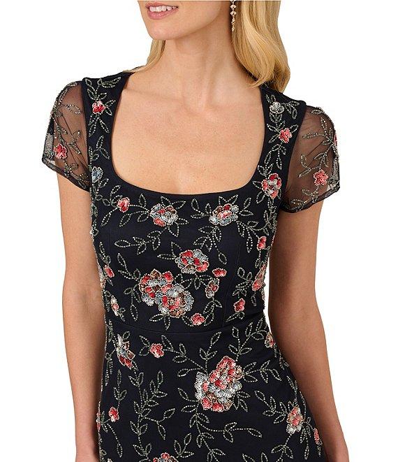 Adrianna Papell Beaded Mesh Floral Print Square Neck Short Sleeve A-Line Gown Product Image
